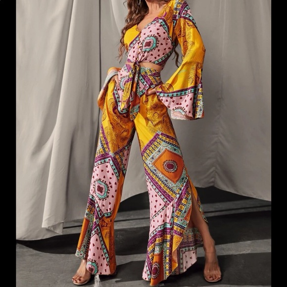 Boho Bohemian Gypsy Floral Paisley Print Slit wide Leg Pants - Picture 3 of 9